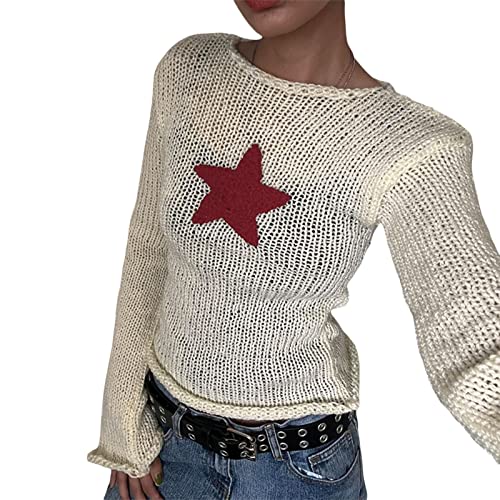 Womens Vintage Knit Crop Top Crew Neck Long Bell Sleeve Star Print Bodycon Sweater Y2k Going Out Shirt3