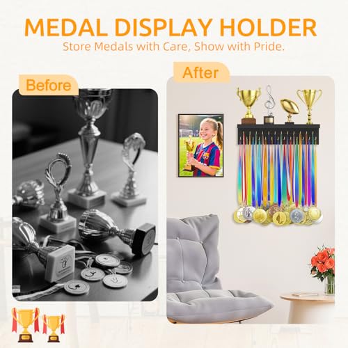 Image of Medal Hanger Display and Trophy Shelf Organizer, Wooden Wall Mount Ribbon Holder with 25 Steel Hooks, Race Awards Storage Rack Stand for Sports Enthusiasts