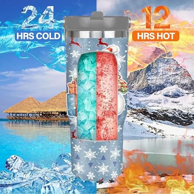 30oz Christmas Snowman Tumbler - Insulated Travel Mug with Lid, Straw, Handle, Ideal for Holiday Gifts, Hand Wash Only