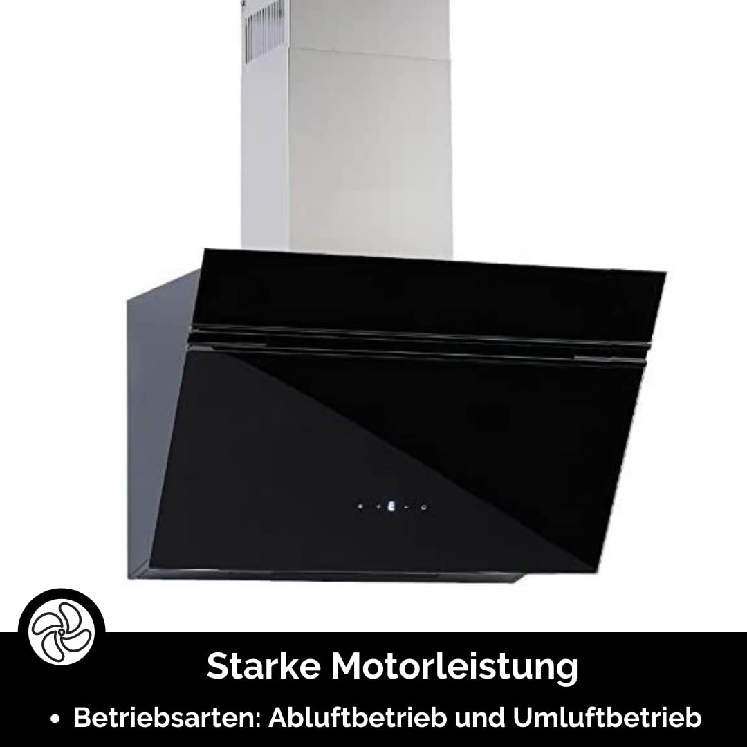 WOLKENSTEIN Campana inclinada W S5-60 ABTZ | Campana extractora | Campana de pared | Recirculación de aire | Cristal | Cristal negro | 60 cm de ancho | 623 m³/h flujo de aire