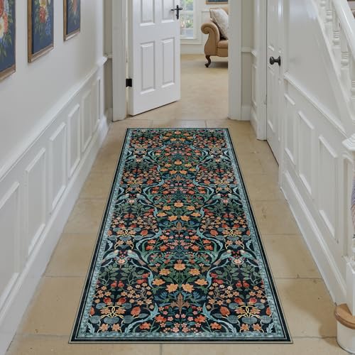 PureCozy Runner Rug for Living Room Washable Dark Blue Floral Soft Low Pile Long Rug for Kids Room Vintage Non-Slip Stain Resistant Runner for Hallyway Kitchen Office Playroom Stair,60x180cm