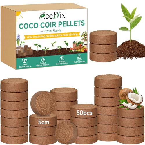 Image of ZeeDix 50pcs(50mm) Coco Coir Pellets Potting Soil Indoor Plants, Compressed Coconut Coir Soil Pellets Seed Starting Pellets Discs for Planting Flowers Bonsai Herbs Plants and Vegetables