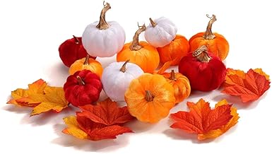 Hollyone Autumn Decorations 36PCS Artificial Pumpkins, Fake Mini Velvet Pumpkins Set with Faux Maple Leaves, Artificial Vegetables for Halloween, Craft, Thanksgiving, Home Decor