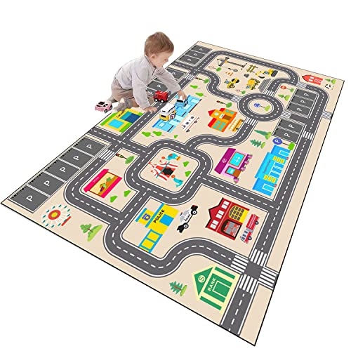 Kids Rug Play Mat for Toy Cars,City Life Road Traffic Educational Carpet,Have Fun Throw Rug,Non-Slip Nursery Rug for Boy and Girl Bedroom 80×120cm/31×47in