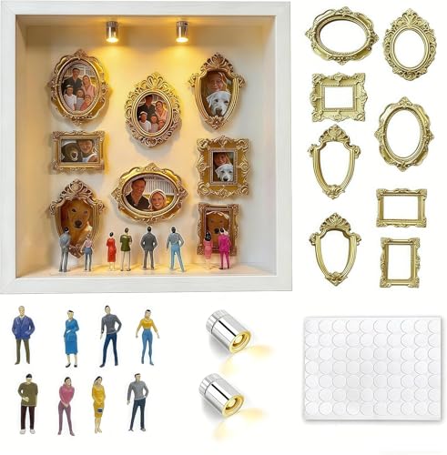 folalife Valentines Birthday Gift - DIY Mini Museum Shadow Box with 8 Frames 8 Figurines & 2 LED Lights Anniversary & Romantic Home Decor 10x1.9 Inches (White)