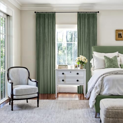 Image of MIULEE Sage Green Velvet Curtains 108 inches Long, Pinch Pleated Blackout Drapes with Hooks, Thermal Insulated Pinch Pleat Panels for Bedroom Living Room, 2 Panels
