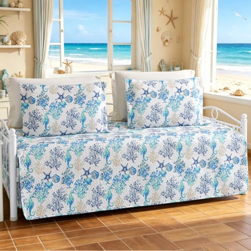 Image of Jarson 3 Piece Beach Daybed Cover Set Twin Size Coastal Quilted Daybed Bedding Sets Double Side Cozy Ocean Sofa Daybed Cover with 2 Shams