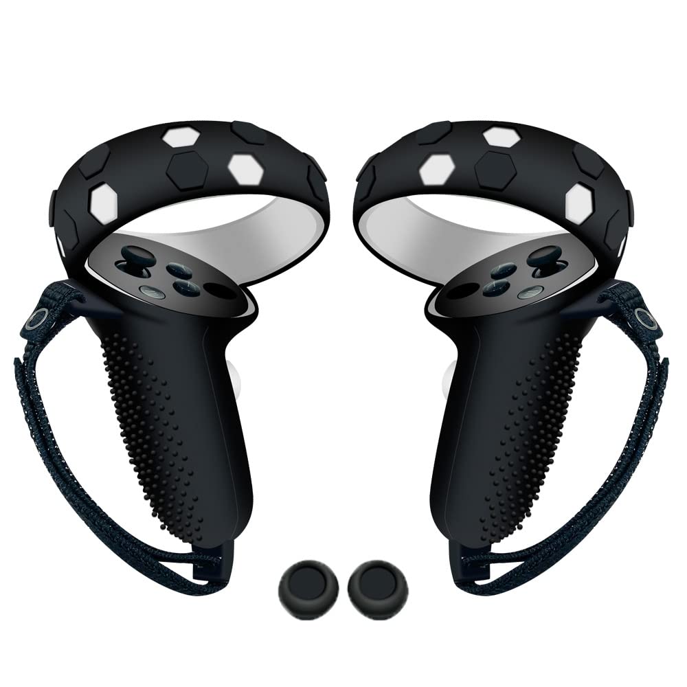 Touch Controller Grip Cover Accessories Compatible with VR Oculus Quest 2, Anti-Throw Silicone VR Grips Protector with Nylon Adjustable Wrist Knuckle Straps and rocker cap (Black)