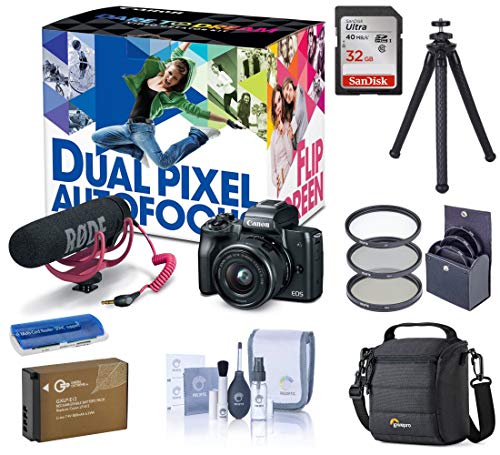 Canon EOS M50 Mirrorless Camera Video Creator Kit w/EF-M 15-45mm Lens, Black Basic Bundle with Rode Mic, Tripod, Battery and Accessories