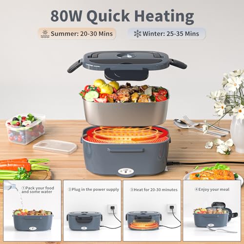 Image of Vingud Electric Lunch Box for Adults, Heated Lunch Box Food Warmer, 80W 1.5L Portable Heating Lunchbox for Men /Work /Car /Truck, 12V 24V 110V Lonchera Electrica Portatil Christmas White Elephant Gifts