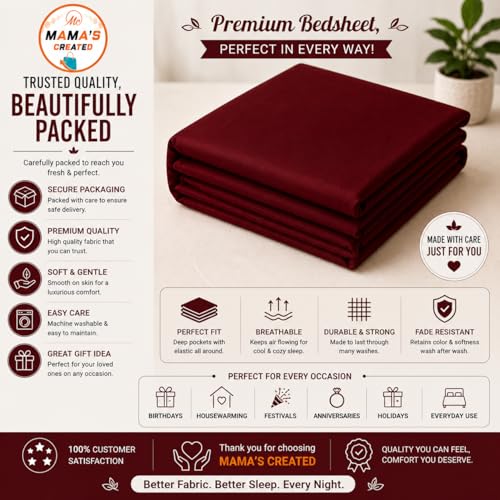 Image of Double Size Bed Sheet - 600 Thread Count Single Flat Sheet Only - Long Staple Egyptian Cotton Top Sheet Wrinkle & Fade Resistant - Burgundy