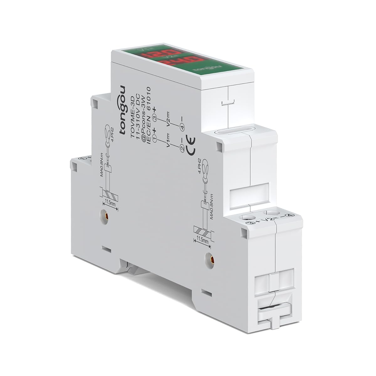 TONGOU Woltomierz szynowy DIN DC11~310 V, miernik napięcia, 2 kanały cyfrowy wyświetlacz, woltomierz miernik napięcia stałego do systemu solarnego PV/baterii
