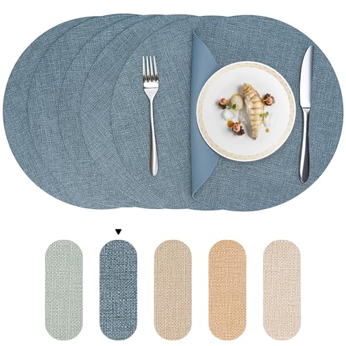 PROMATTOO Round Wipeable Placemats Set of 6 – Faux Leather Round Table Mats, Waterproof & Washable Vinyl Placemats, Circle Design for Dining Table Decor– Charcoal Blue