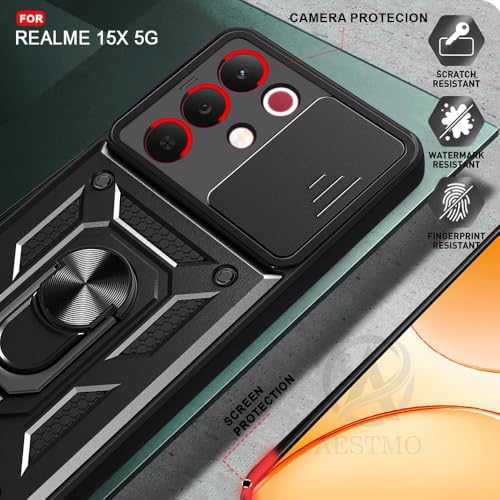 Image of Luxe Back Cover Compatible for Realme Narzo 90X 5G / Realme C85 5G / Realme 15X 5G | D10 Tough Armor Case | Sliding Camera Shield | 360 Protection | Kickstand Ring Holder | Military-Grade