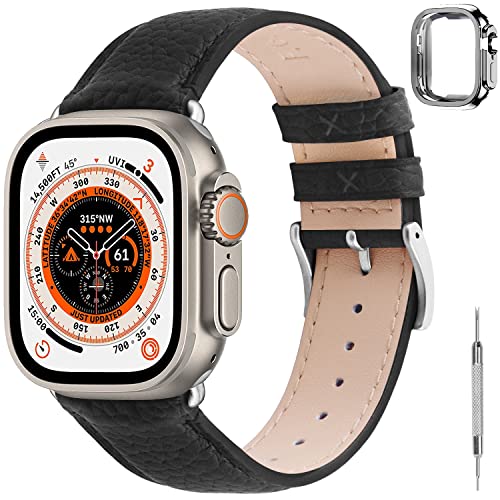 Fullmosa Straps Compatible Apple Watch Ultra 49mm, Leather Apple Watch Band with Case for Women Men – Black + Silver Buckle