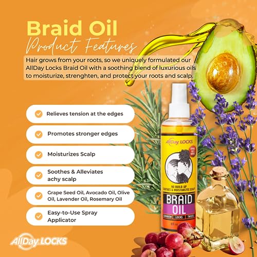 Allday Locks Braid Oil | Soothes, Moisturizes Dry & Itchy Scalp | Nourishing, Soothing, Protecting Oil | Rejuvenates & Refreshes Braids, Locks, Twists, Cornrows | 8 Oz #TOP3