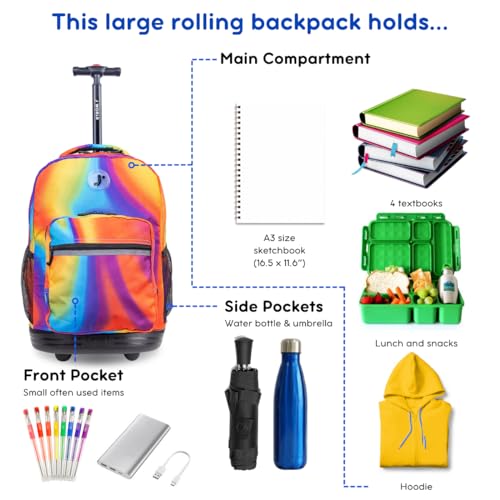Image of J World Sunrise Kids Rolling Backpack with Wheels for Girls Boys, Roller Bookbag for School, 18 x 13 x 9 Inches, Heat