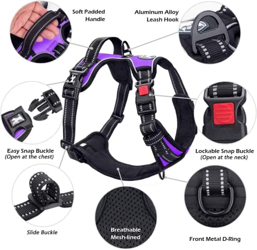Image of PoyPet Dog Harness No Pull, Reflective Adjustable No Choke Pet Vest with Front & Back Clips, Soft Padded and Control Training Handle for Large Dogs(Purple,XL)
