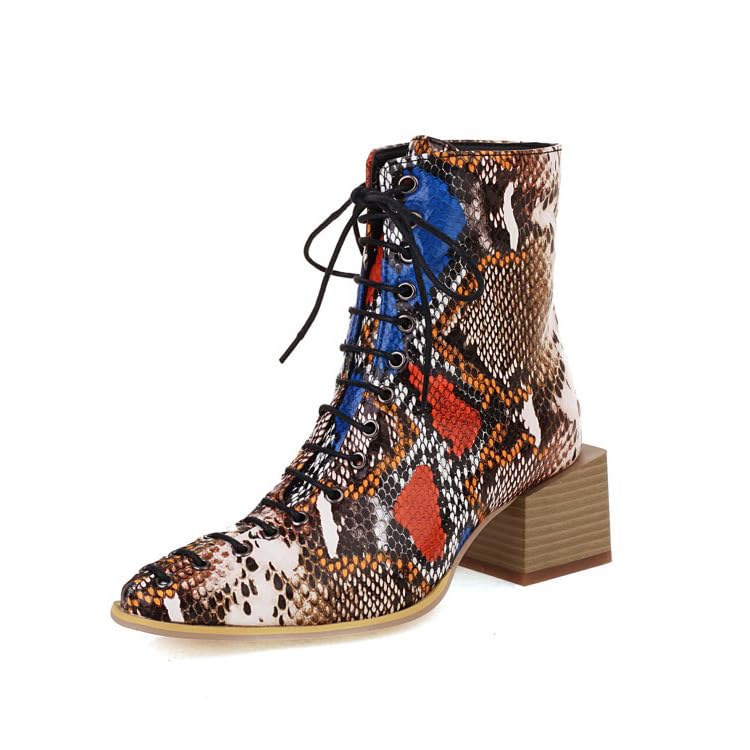 Women Closed Toe Lace Up Ankle Boots Combat Mid Block Heel Booties Fashion Cowboy Winter Stacked Shoes Size