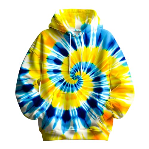 TZQPSJW Unisex Blue and Yellow Tie Dye Hoodie Hooded Sweatshirt Kangaroo Pocket Pullover Hoodies for Men Women Adult X-Large