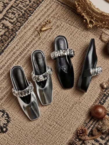 Women's Square Toe Mule Slippers with Metal Buckle, Black and Silver, Retro British Style, 1-inch Block Heel2