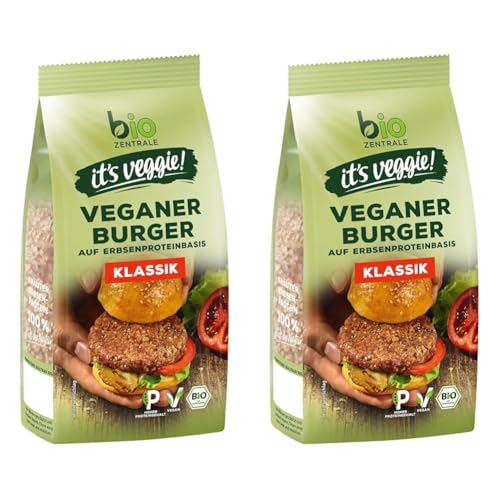 biozentrale Veggie Burger Klassik | 170 g, circa 4 Burger| vegane Fleisch-Alternative aus Erbsenprotein | hoher Proteingehalt | ohne Soja | zum Braten und Grillen (Packung mit 2)