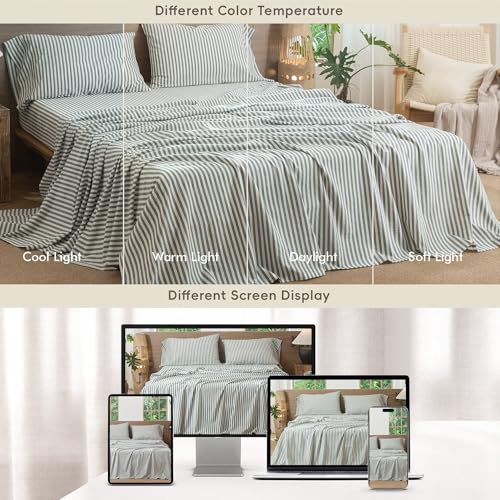 Image of MooMee Striped Sheet Set 100% Washed Cotton Linen Like Cal King
