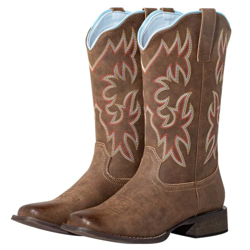 J's.o.l.e Women's Mid-Calf Cowboy Boots - Embroidered Square Toe Western Cowgirl Boots for Country Music Festivals, Concerts & Line Dancing