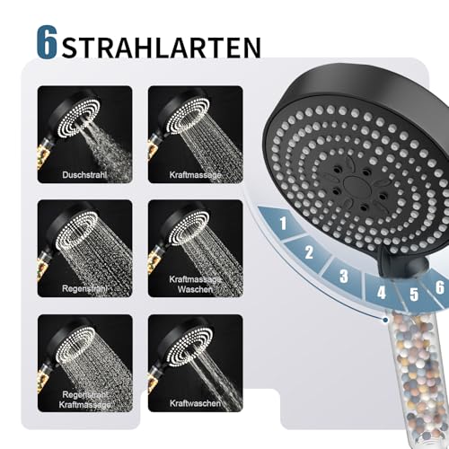 OFFO Duschset mit Filter, Duschkopf gegen Kalk, flexibel, 1,6 m, 6 Modi, Hochdruckstrahl, transparenter Griff, Schwarz