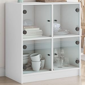 Armario Auxiliar con Puertas de Vidrio Blanco 68x37x75,5 cm, Bufetera, Vitrina, Cómoda, Armario, Alacena, Mueble de Almacenamiento para Sala de Estar o Comedor