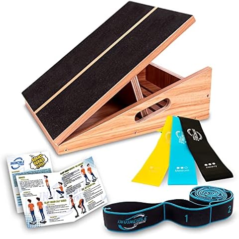 Invincible Fitness Wooden Slant Board, Adjustable Incline Board, Calf and Ankle Stretcher with Non-Slip Surface, Extra Side Handle for Portability, Premium 12 Loops Elastic Resistance Stretching Strap Cover