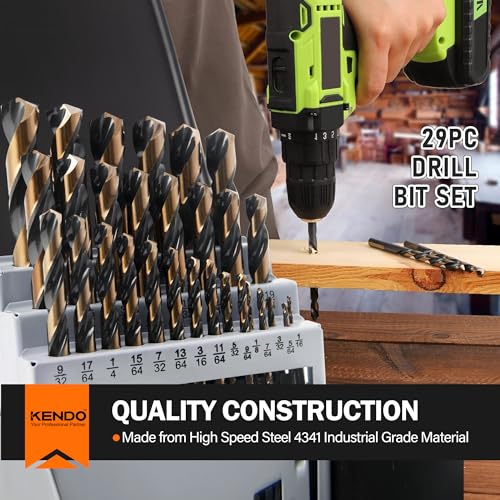 KENDO 29PC Drill Bit Set, 1/16"-1/2" Size 135° Tip HSS with Black and Gold Finish with Storage Case, Twist Jobber Length Drill Bit Kit for Cast Iron, Hardened Metal, Stainless Steel, Plastic and Wood by Kendo - Used condition - Image 6