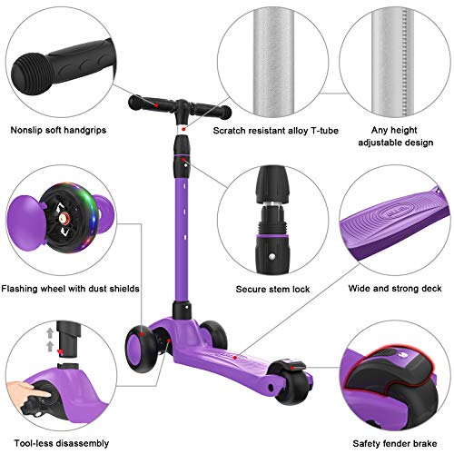 Image of Allek Kick Scooter B03, Lean 'N Glide 3-Wheeled Push Scooter with Extra Wide PU Light-Up Wheels, Any Height Adjustable Handlebar and Strong Thick Deck for Children from 3-12yrs (Purple)