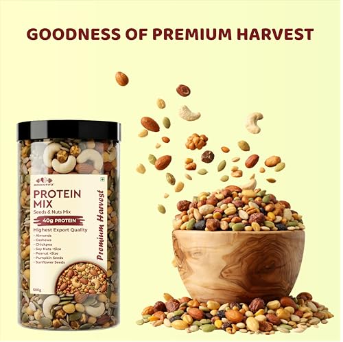 Image of Growfitz Protein Crunch Seeds & Nuts Mix, 500g | 40g High Protein | Air Roasted Almonds, Cashews, Chickpeas, Soy Nuts, Peanuts, Pumpkin & Sunflower Seeds | 0% Sugar | Export Quality Healthy Snack