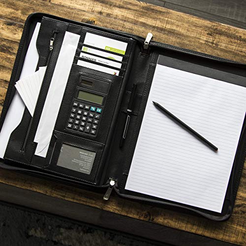 COSSINI-Black-Superior-Vegan-Leather-Business-Portfolio-with-Zipper--Padfolio-All-in-One-Smartest-Protective-101-Inch-Tablet-Sleeve-Presentation-Slot-Solar-Calculator-Card-Storage-Writing-Pad