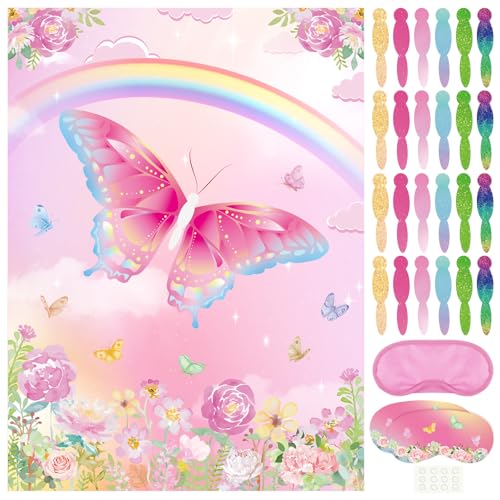 PLULON Butterfly Party Pin Game for Kids Pin The Tail on The Butterfly Birthday Game Poster for Boys Girls Birthday Party Favors Wall Decorations Classroom Activities
