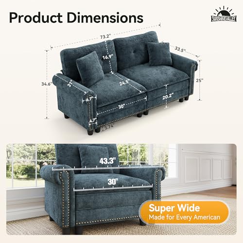 Image of SUNSHINE VALLEY 73.2 inch Modular Cloud Loveseat with Extra Wide & Deep Seats, Oversized 2-Seater Mid-Century Modern Couch with Nailhead Trim and Throw Pillows for Living Room, Chenille Cyan