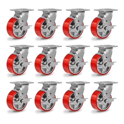 5" Heavy Duty Casters, Polyurethane Industrial Caster Wheels, Top Plate Swivel Casters with Brake(12 Brake)