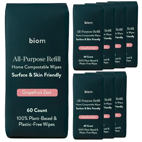 Biom Biodegradable All-Purpose Wipes 8-Pack Refill - Eco-Friendly Grapefruit Cleaning Wipes | Plant-Based Surface Cleaner for Home & Travel | Kid & Pet Friendly Wet Wipe | All Natural & Non-Toxic