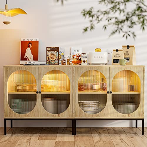 Ikifly Led Sideboard Buffet Cabinet, Kitchen Storage Cabinet With Fluted Glass Doors, Height-Adjustable Shelf, Freestanding Cupboard Console Table, For Dining Living Room Hallway Office - Natural #TOP1