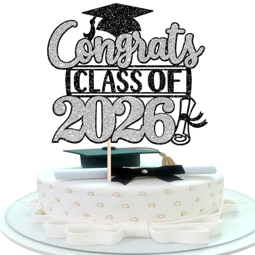 Rsstarxi 1 Pack Congrats Class of 2026 Cake Topper Glitter 2026 Graduation Cake Pick Congrats Class of 2026 Cap Diploma Cake Decorations for 2026 Graduation Party Supplies Black Silver