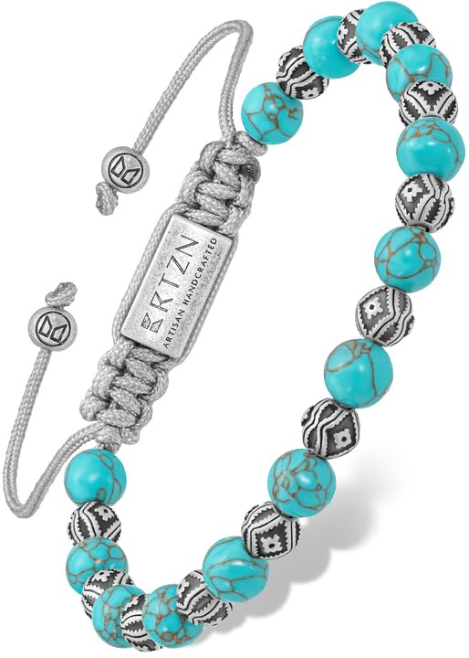 RTZN® Mens Turquoise Bracelet – Premium Handcrafted Western Silver Charm & Turquoise Beaded Bracelet for Men and Women – 6MM Adjustable Bracelet (Native)