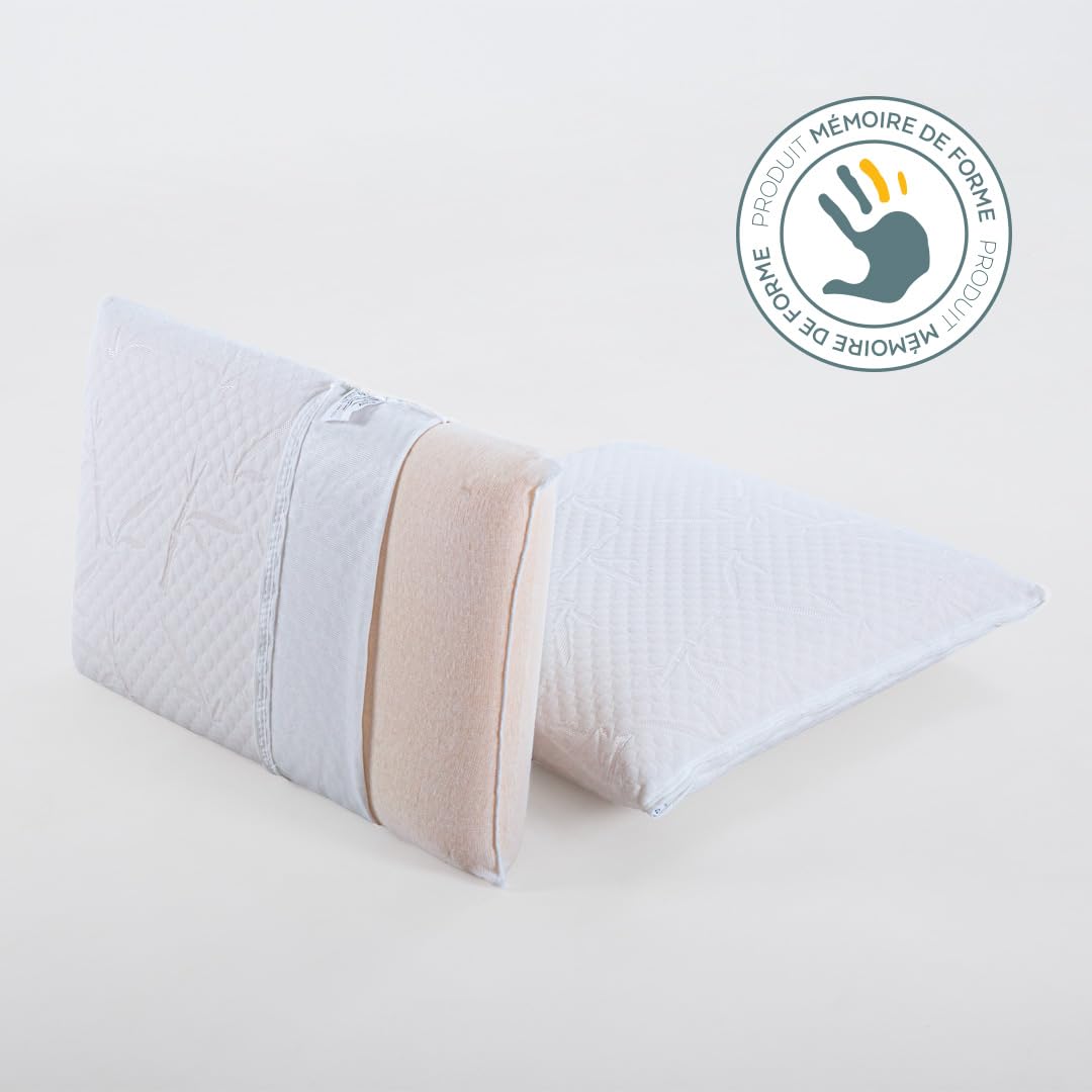 Olympe Literie Oreiller Cervical à Mémoire de Forme 40x60cm Sérénité Lot de 2 Soutien Ferme, Déhoussable et Lavable
