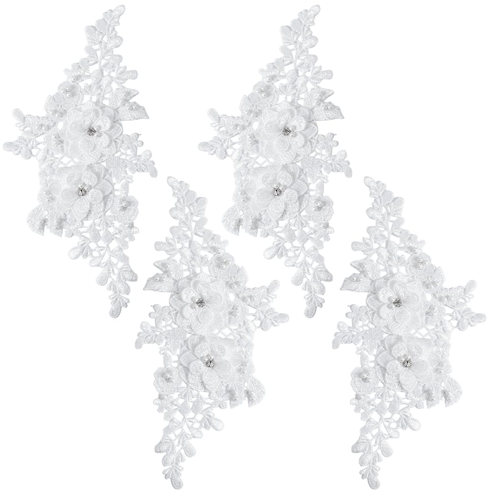 CABODYALS 4Pcs Beaded Lace Appliques White Pearl 3D Flower Crystal Applique Polyester Embroidery Floral Glitter Rhinestone Sew on Patches for Sewing Making Dresses Clothes Wedding Decor Diy Crafts
