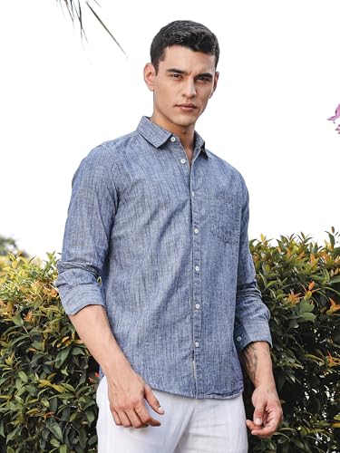 Image of Thomas Scott Men's | Solid | Premium Linen Blend | Spread Collar | Summer Wear | Long Sleeve | Shirts for Men