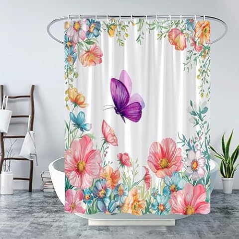 LAEDCIITI Floral Shower Curtain Purple Pink Floral Spring Blooming Flower Colorful Flower Butterfly Nature Plant Wildflower Garden Fabric Bathroom Curtain Set with Hook Cover