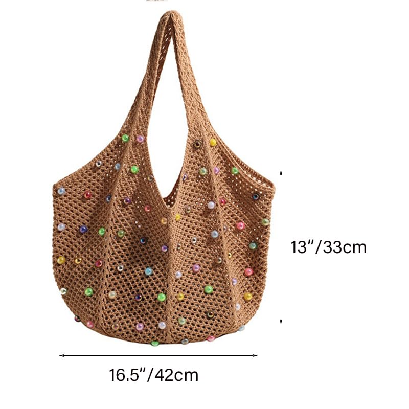 Image of Boho Crochet Beach Tote Shoulder Bag with Colored Beads | Colorful Aesthetic Hippie Knit Bag for Women