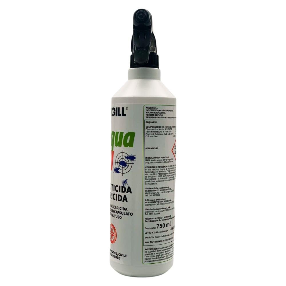 3X Insetticida Acaricida ACQUA KILL, Liquido Microincapsulato. Pronto All'Uso a Largo Spettro D'Azione e Lunga Persistenza 750ml + 100pz Guanti HDPE Monouso