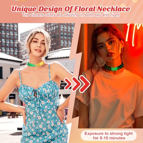 3/6 PCS Colorful Flower Beaded Choker Rave Kandi Necklace Glow In The Dark Y2K Necklace Plastic Rainbow Daisy Choker with Lobster Clasp EDM Party Favor for Women Girls Music Festival Costume Party4