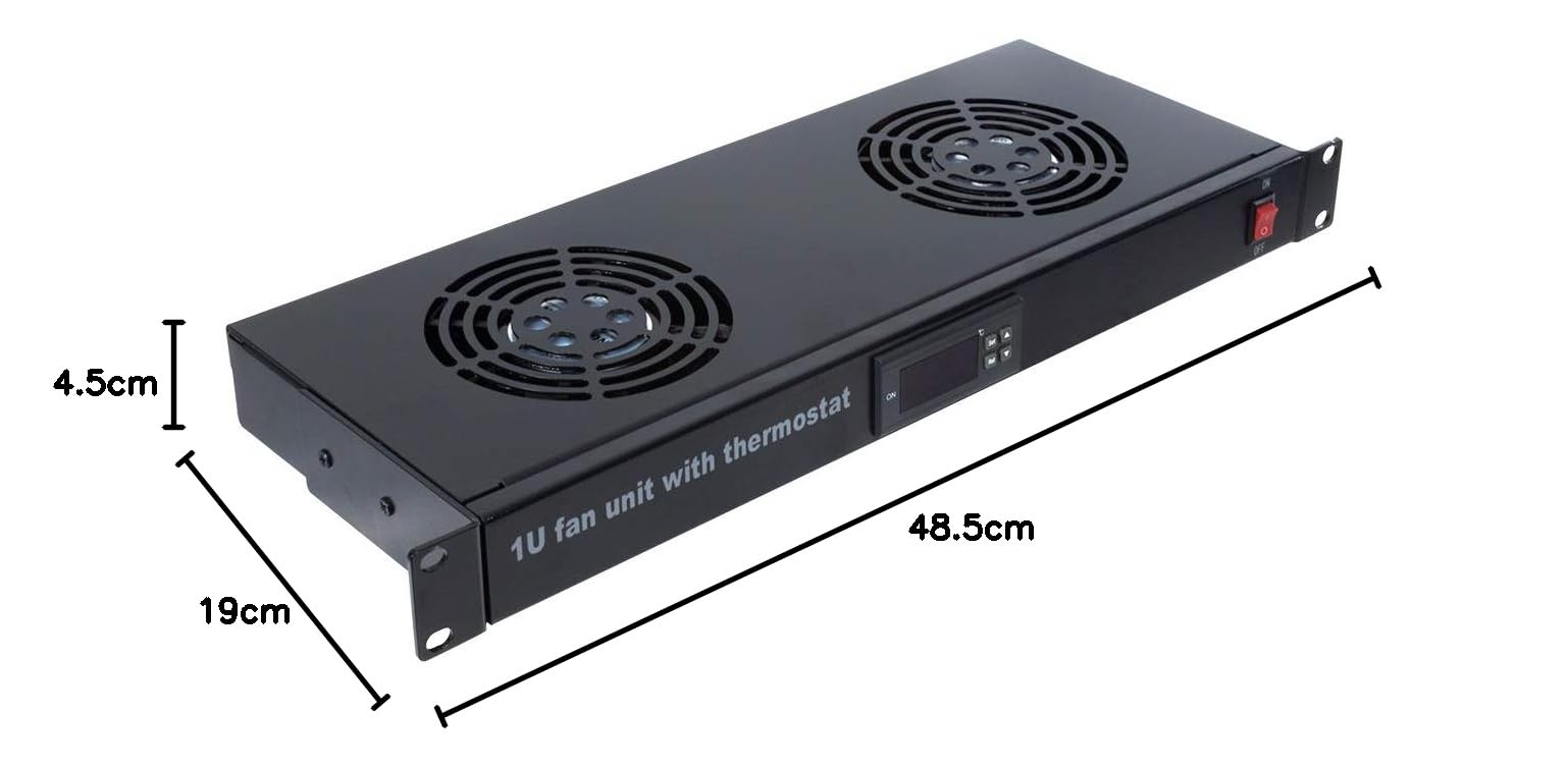 Aiten Data Termostato Digital 2 Ventiladores 1U para Armario Rack - Pantalla Digital Que Facilita el Monitoreo del Ambiente - Interruptor On-Off - Sensores de Temperatura y Dos Ventiladores de 12 cm